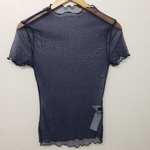 SHEIN Sheer Navy Blue Glitter Lettuce Hem Blouse Size M